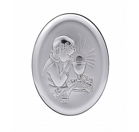 obrazek srebrny komunijny chłopiec owalny