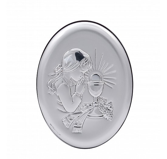 Obrazek srebrny komunijny dla dziewczynki owalny