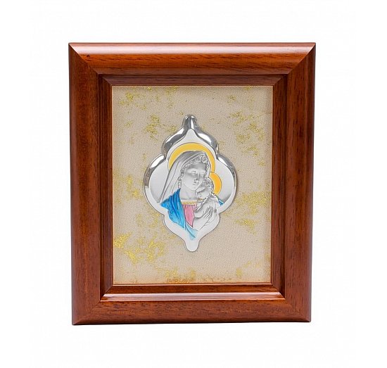 Obrazek srebrny kolorowy Maryja w drewnianej ramce