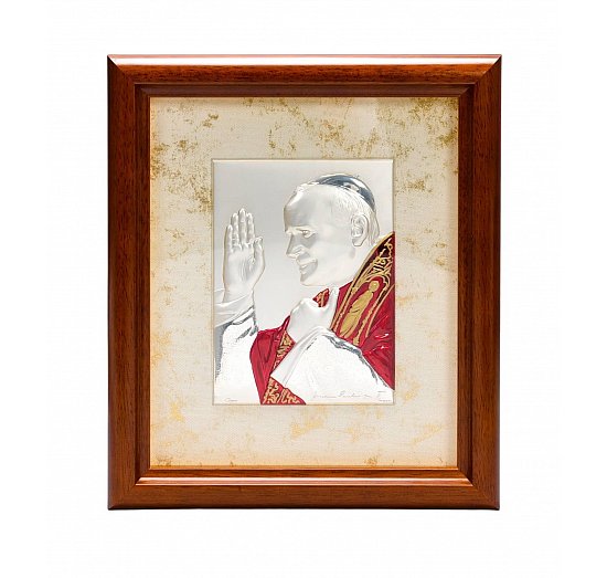 Obrazek srebrny św. Jan Paweł II w drewnianej ramce